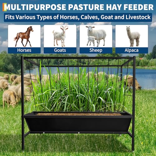 2-in-1 Heavy Duty Steel Hay & Grain Feeder Set – 45 Gallon Hay Trough with 24 Gallon Feed Pan, Durable Livestock Feeder Rack for Sheep, Goats, Calves, Cows, Horses