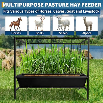 2-in-1 Heavy Duty Steel Hay & Grain Feeder Set – 45 Gallon Hay Trough with 24 Gallon Feed Pan, Durable Livestock Feeder Rack for Sheep, Goats, Calves, Cows, Horses