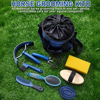 Cunhill 9 Pcs Horse Grooming Kit Tack Room Supplies, Classic, Dark Blue - color: Dark Blue, style: Classic