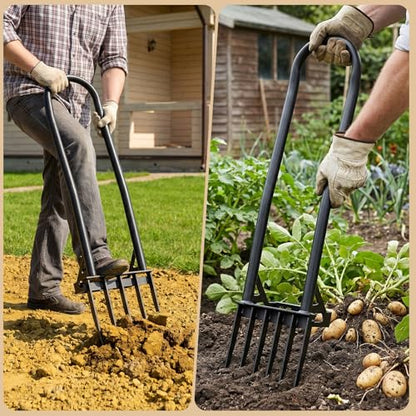 Garden BroadFork,5 Tines Heavy Duty Metal Pitchfork Hand Tiller,Integrated Potato Fork with Ergonomic U-Shaped Handle,Spading Digging Fork for Gardening,Cultivating (47" Heavy Duty BroadFork-HS)