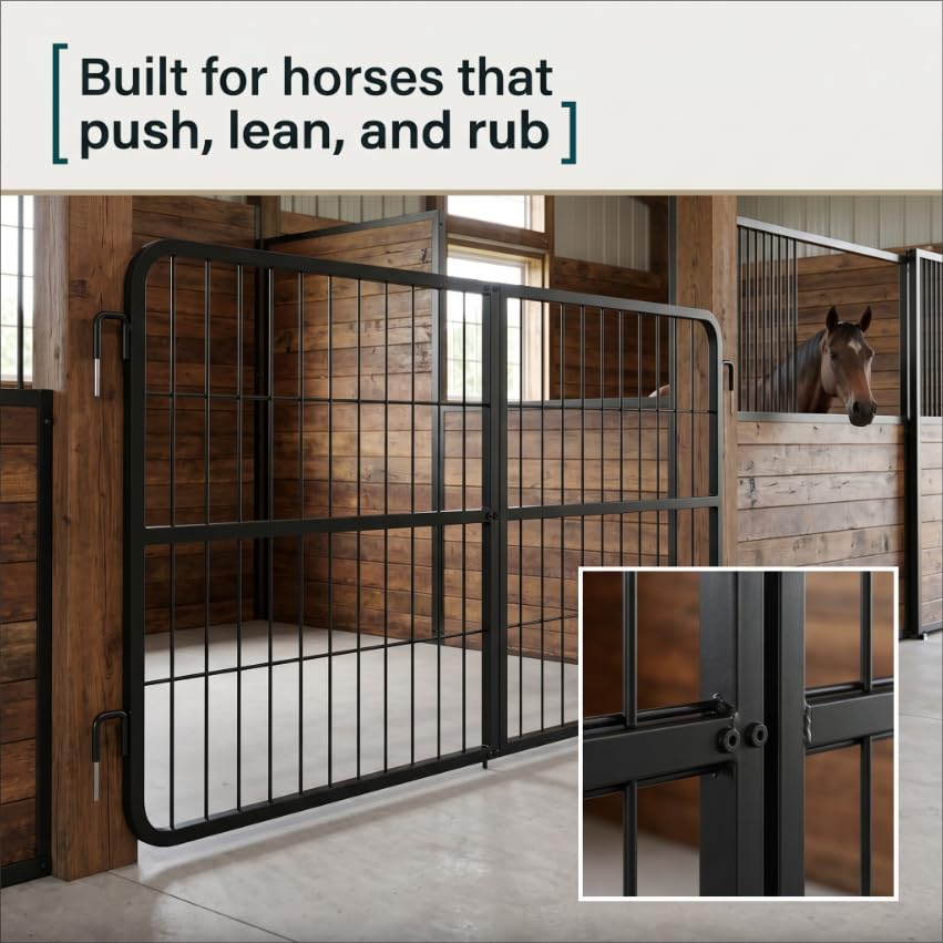 Black Horse Stall Gates, Stall Guards for Horses, Solid Frame Horse Stall Guard, Ventilated Grid Stall Guard, Lockable Swing Door for Stable Breeding Farm Isolation Area
