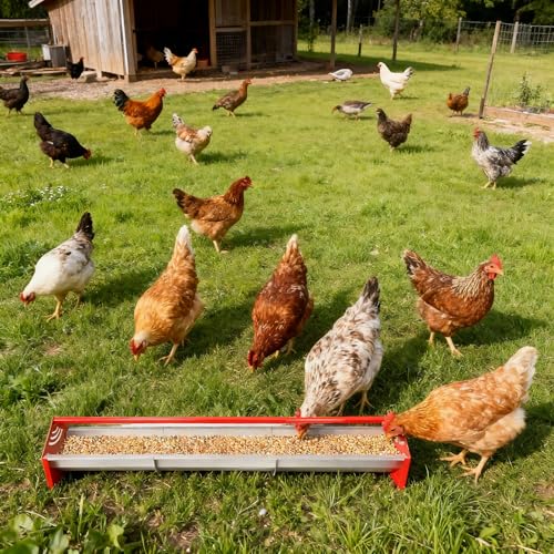 47" Chicken Trough Feeder - Galvanized Steel Feed Trough with Drainage Holes & Red Crossbar for Chicken, Duck, Turkey | Heavy Duty, Rust-Proof & Easy-Clean Design - color: Orange