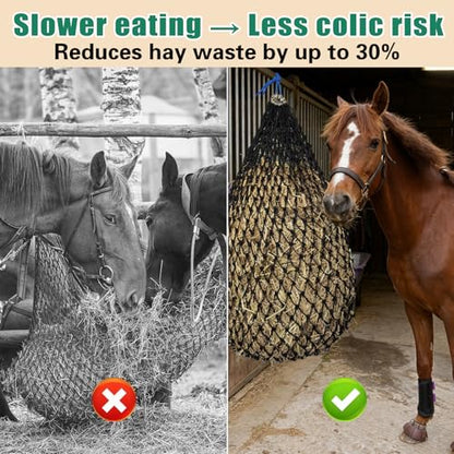 Premium Slow Feed Hay Net for Horses – Durable Black PE Square Hay Bales Bags,Drawstring Closure & Extends 50-64 Inches for Easy Loading,Fits 36x18x18 to 47x25x17 Inches
