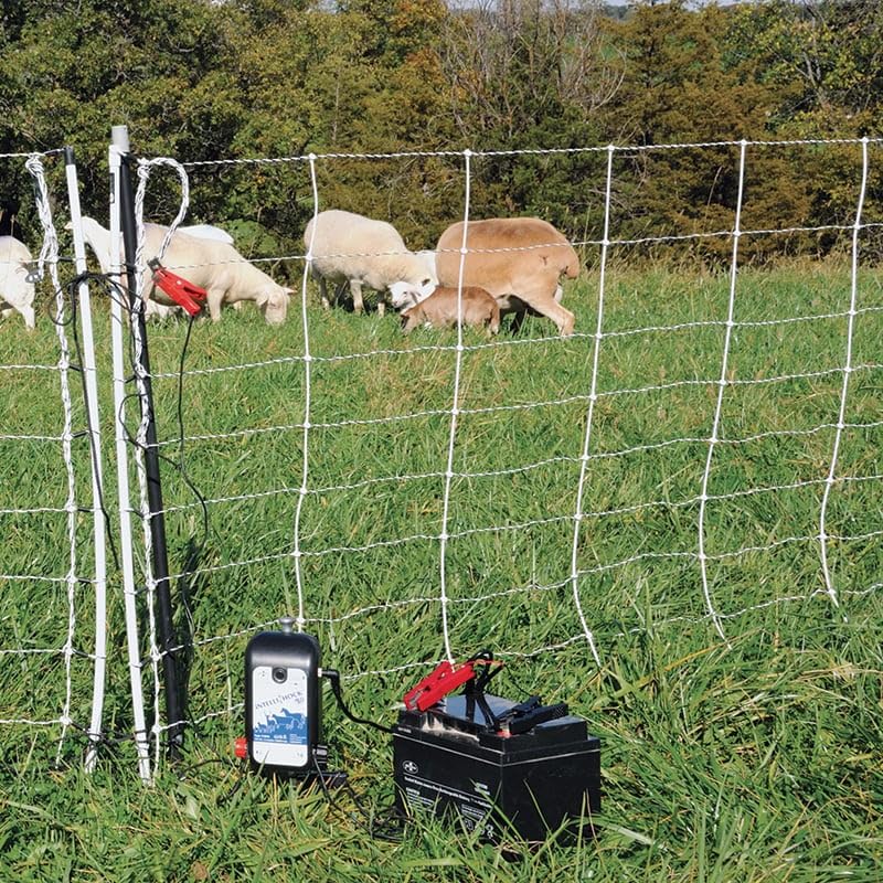 Premier 1 IntelliShock 20 Fence Energizer, Battery Kit, 2.0 Joule Energizer | Kit includes 12V leads, 2 ground rods & wireless tester. Auto-adjusts draw 80% on clean fences. Powers 16 net rolls.