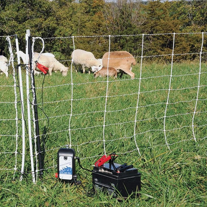 Premier 1 IntelliShock 20 Fence Energizer, Battery Kit, 2.0 Joule Energizer | Kit includes 12V leads, 2 ground rods & wireless tester. Auto-adjusts draw 80% on clean fences. Powers 16 net rolls.