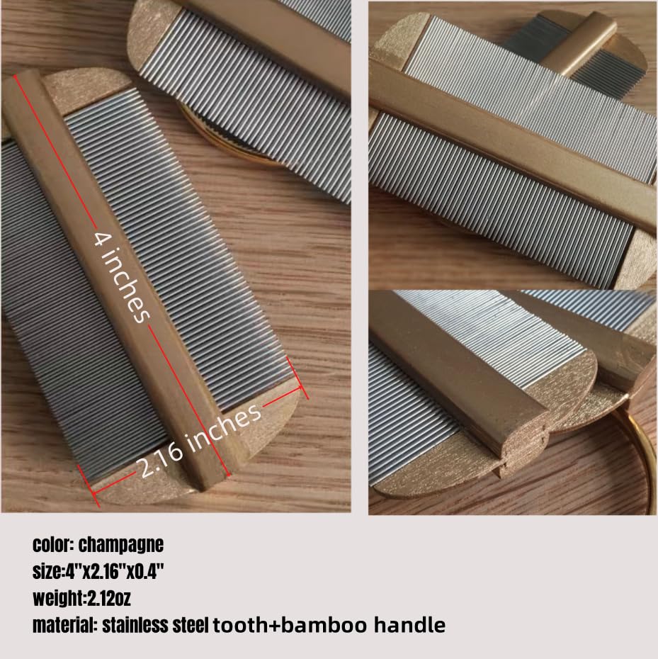 Vivifivenca Durable Lice Comb Stainless Steel Asian Large size 4inch Double - Sided Ultra Fine Tooth (Nits/Eggs), Dense Tooth (Flea/Ticks/Dandruff), Safe for Humans & Pets Scalp (Gold）