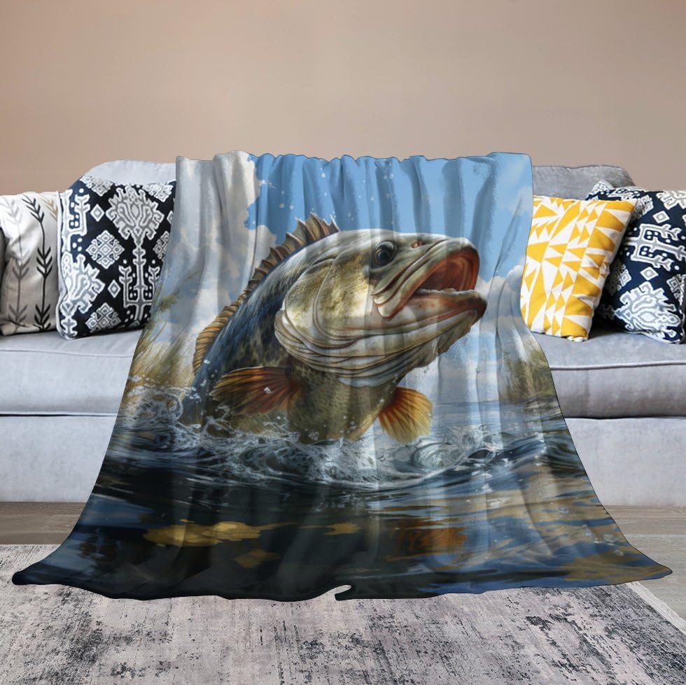 Bass Fish Fleece Throw Blanket for Couch Adults Teens 40" X 50" - color: Bass Fish, size: 40x50 inch