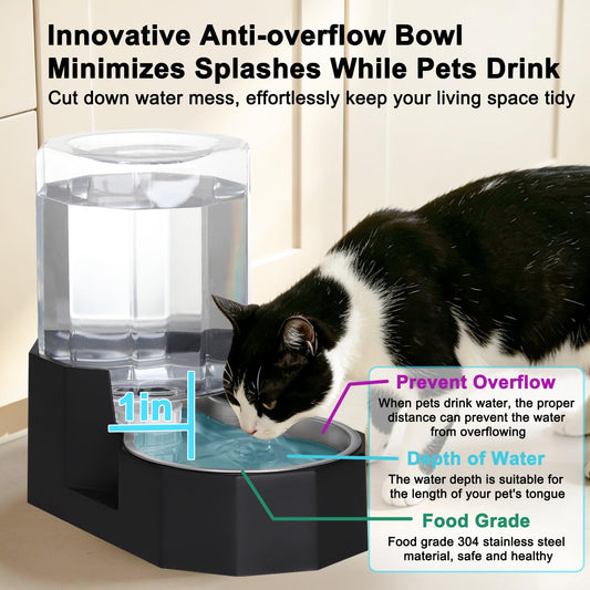 Sfozstra 5L Cat Gravity Water Bowl Dispenser: Stainless Steel Bowl - color: Black, size: 5L Without Filter