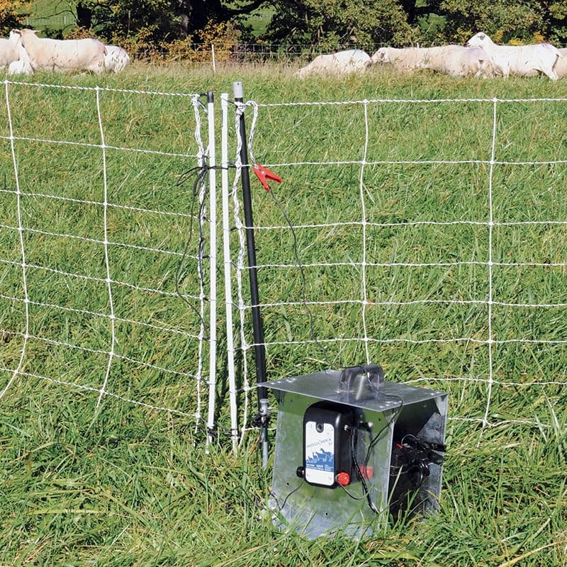 Premier 1 IntelliShock 20 Fence Energizer, Battery Kit, 2.0 Joule Energizer | Kit includes 12V leads, 2 ground rods & wireless tester. Auto-adjusts draw 80% on clean fences. Powers 16 net rolls.