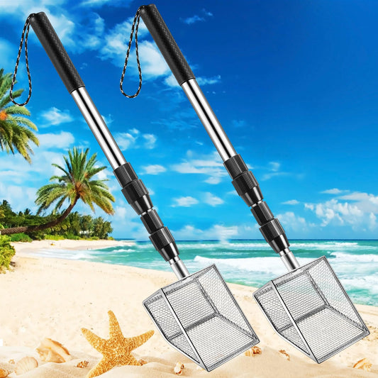 2 Ps Shell Scooper for Beach, with Stainless Steel Adjustable Long Handle - size: Long Handle-2Pack