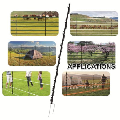 Step-in Fence Posts 42 Pack, 66.6 Inch Plastic Post with Double Steel Stake, 18 Clips for Electric Wire Tape Rope, Black, Temporary Fencing
