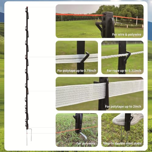 Step-in Fence Posts 42 Pack, 66.6 Inch Plastic Post with Double Steel Stake, 18 Clips for Electric Wire Tape Rope, Black, Temporary Fencing