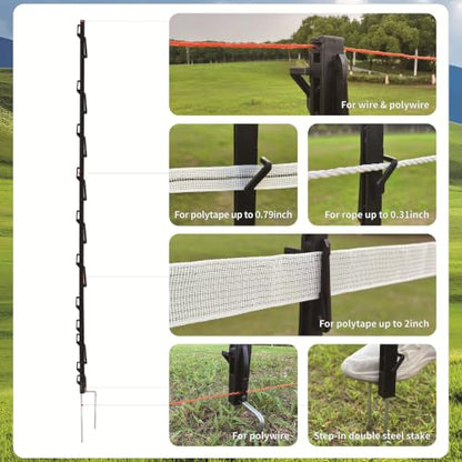 Step-in Fence Posts 42 Pack, 66.6 Inch Plastic Post with Double Steel Stake, 18 Clips for Electric Wire Tape Rope, Black, Temporary Fencing