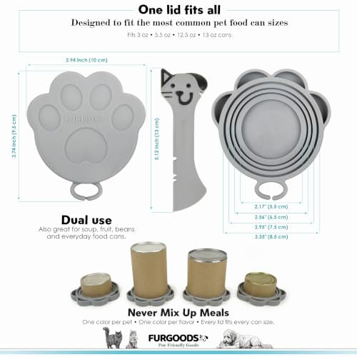 FURLIDS Grey NEW PREMIUM SEAL | Dog Food Can Lid & Cat Food Can Lid with Spatula – Silicone Pet Food Can Cover, Airtight, Reusable, Universal Fit, Dishwasher Safe - color: Furlids PREMIUM SEAL 1 Pack Grey