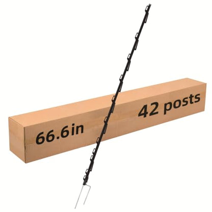 Step-in Fence Posts 42 Pack, 66.6 Inch Plastic Post with Double Steel Stake, 18 Clips for Electric Wire Tape Rope, Black, Temporary Fencing