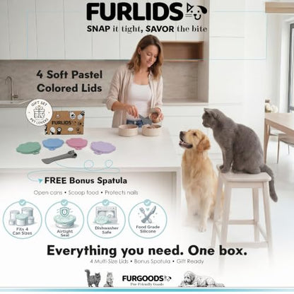 FURLIDS 4-Pack NEW PREMIUM SEAL | Dog Food Can Lids & Cat Food Can Lid Set with Spatula – Silicone Pet Food Cans Covers, Airtight & Reusable – Universal Fit, Dishwasher Safe - color: Furlids PREMIUM SEAL 4 Pack Multicolor